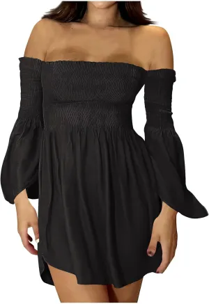 HGps8w Women's Off The Shoulder Mini Dress Smocked Long Bell Sleeve Ruffle Hem A Line Dresses