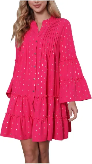 HGps8w Womens Sequins Dots Babydoll Swing Mini Dress 2025 Summer Casual Bell Sleeve Tiered Ruffle Flowy A Line Shirt Dresses