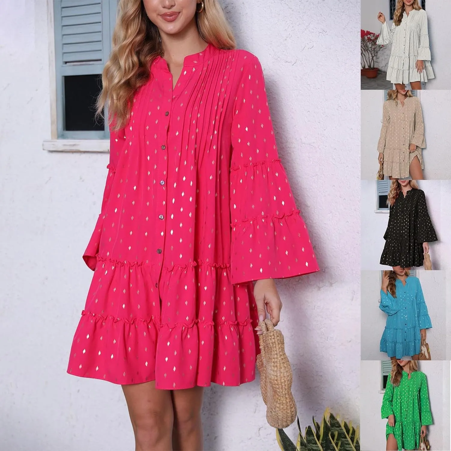 HGps8w Womens Sequins Dots Babydoll Swing Mini Dress 2025 Summer Casual Bell Sleeve Tiered Ruffle Flowy A Line Shirt Dresses