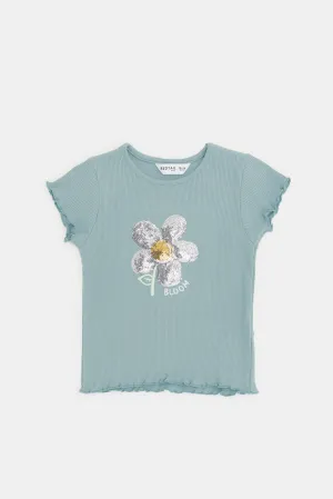 Infant Girls Teal Solid Ribbed T-Shirt