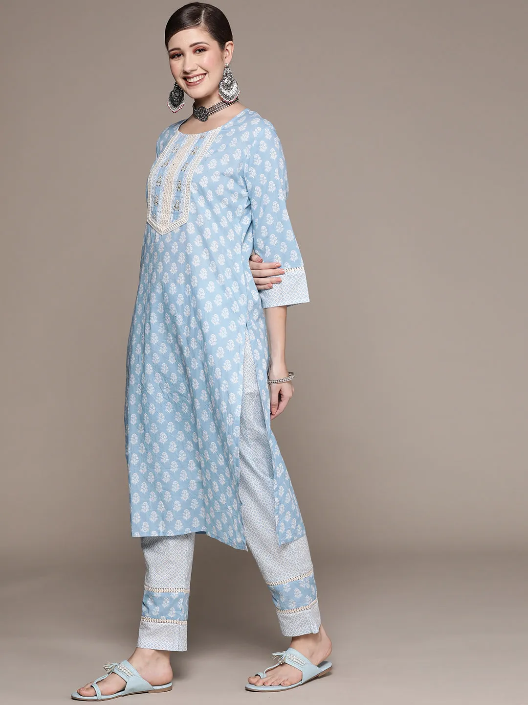 Ishin Women's Blue Embellished Straight Kurta with Trouser & Dupatta