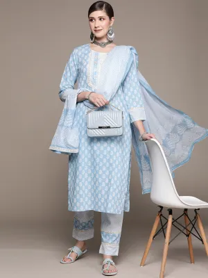 Ishin Women's Blue Embellished Straight Kurta with Trouser & Dupatta