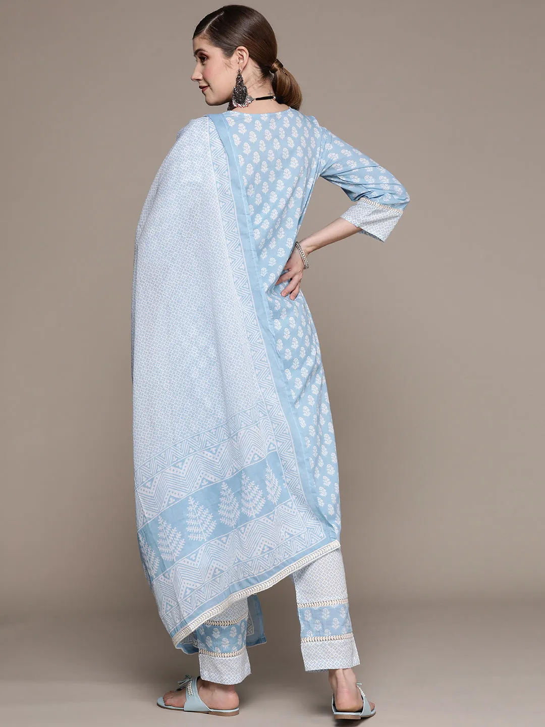 Ishin Women's Blue Embellished Straight Kurta with Trouser & Dupatta