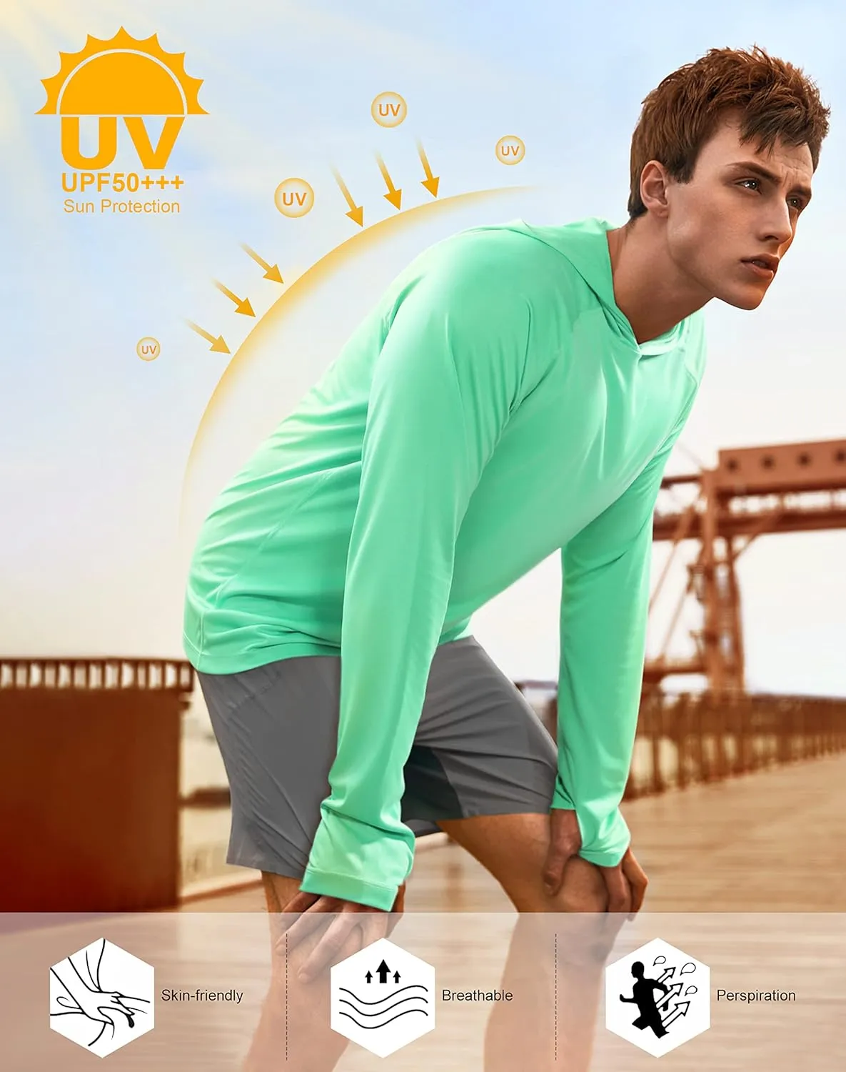 isnowood Sun Shirt UPF 50  Men's Fishing Long Sleeve UV Protection Hoodie Hiking Rash Guard Swimming Running