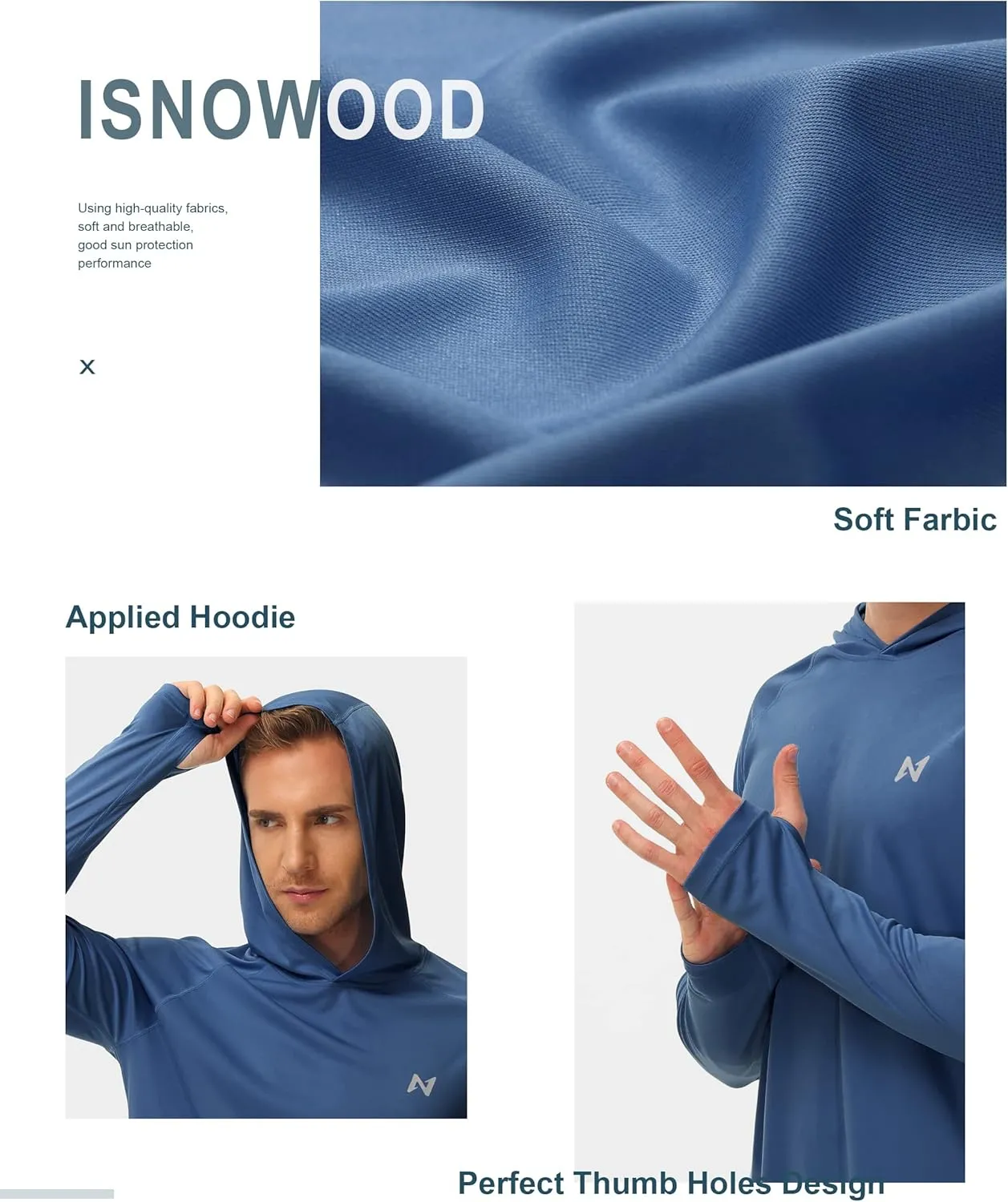 isnowood Sun Shirt UPF 50  Men's Fishing Long Sleeve UV Protection Hoodie Hiking Rash Guard Swimming Running