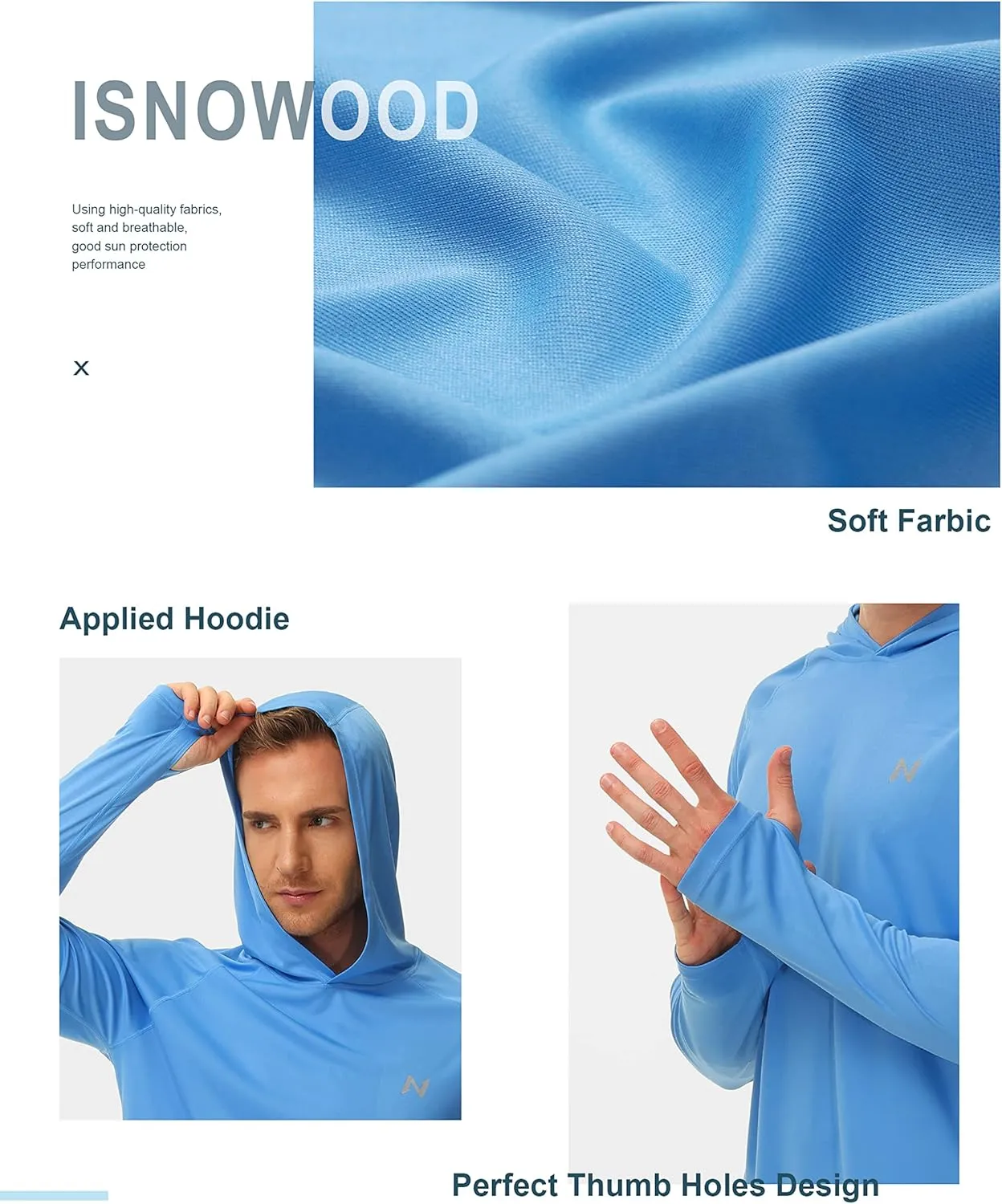isnowood Sun Shirt UPF 50  Men's Fishing Long Sleeve UV Protection Hoodie Hiking Rash Guard Swimming Running