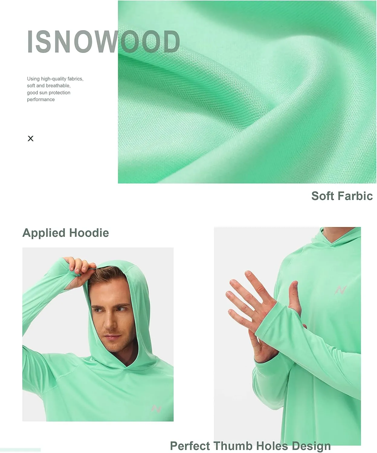 isnowood Sun Shirt UPF 50  Men's Fishing Long Sleeve UV Protection Hoodie Hiking Rash Guard Swimming Running