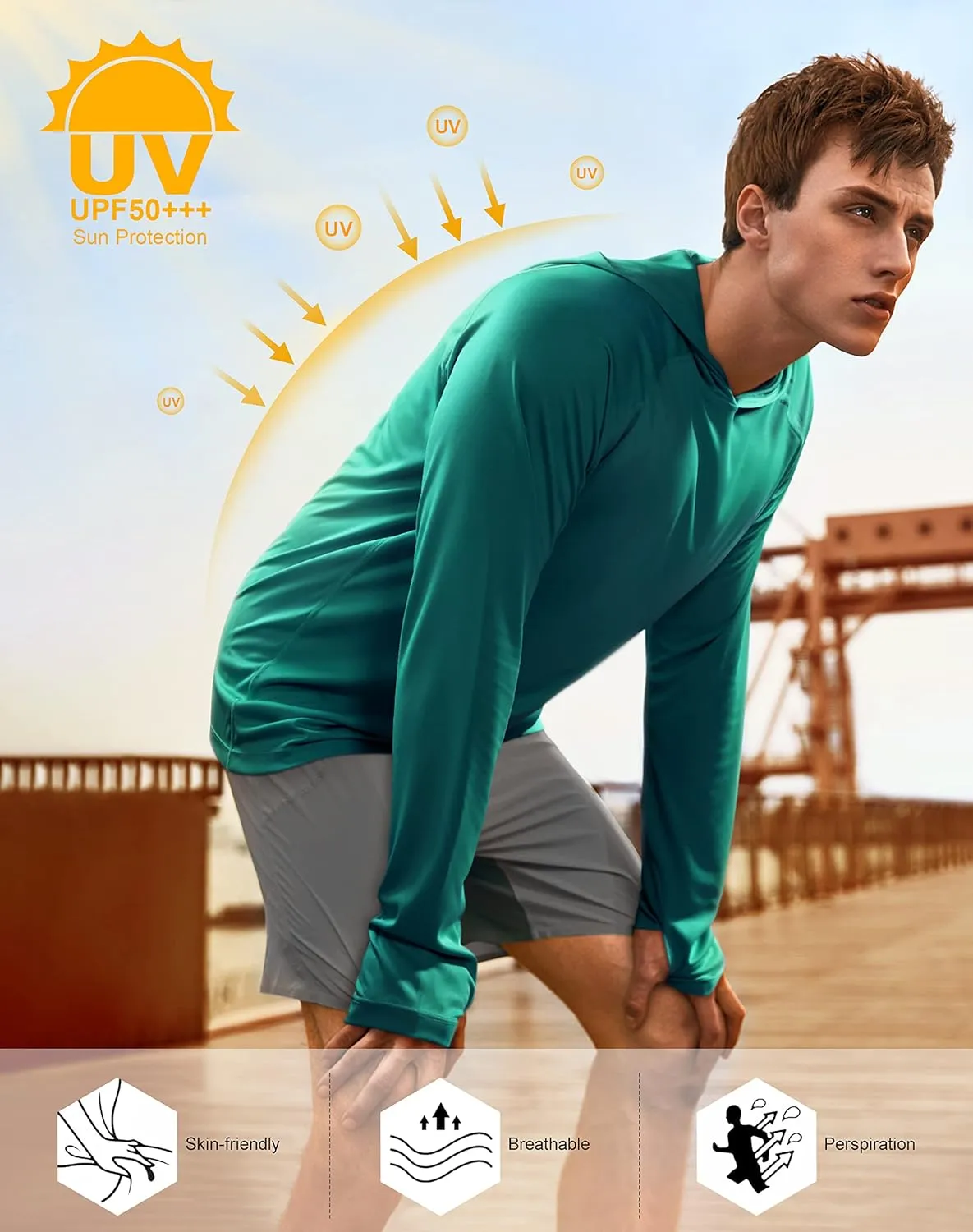 isnowood Sun Shirt UPF 50  Men's Fishing Long Sleeve UV Protection Hoodie Hiking Rash Guard Swimming Running