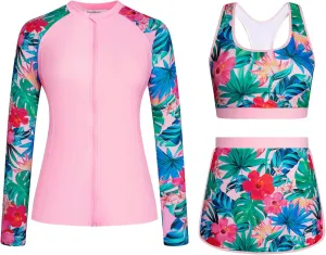 JASAMBAC Women's 3 Piece Rash Guard Zip Up UPF 50  Swim Shirt Built in Bra Long Sleeve Swimsuits Swim Skirt with Bikini Brief