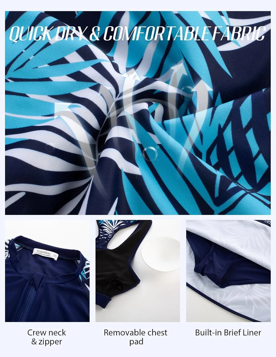 JASAMBAC Women's 3 Piece Rash Guard Zip Up UPF 50  Swim Shirt Built in Bra Long Sleeve Swimsuits Swim Skirt with Bikini Brief
