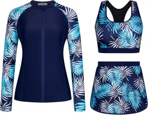 JASAMBAC Women's 3 Piece Rash Guard Zip Up UPF 50  Swim Shirt Built in Bra Long Sleeve Swimsuits Swim Skirt with Bikini Brief