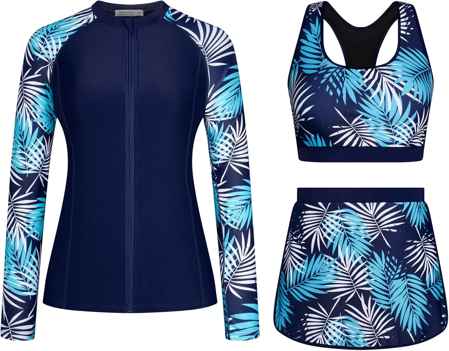 JASAMBAC Women's 3 Piece Rash Guard Zip Up UPF 50  Swim Shirt Built in Bra Long Sleeve Swimsuits Swim Skirt with Bikini Brief