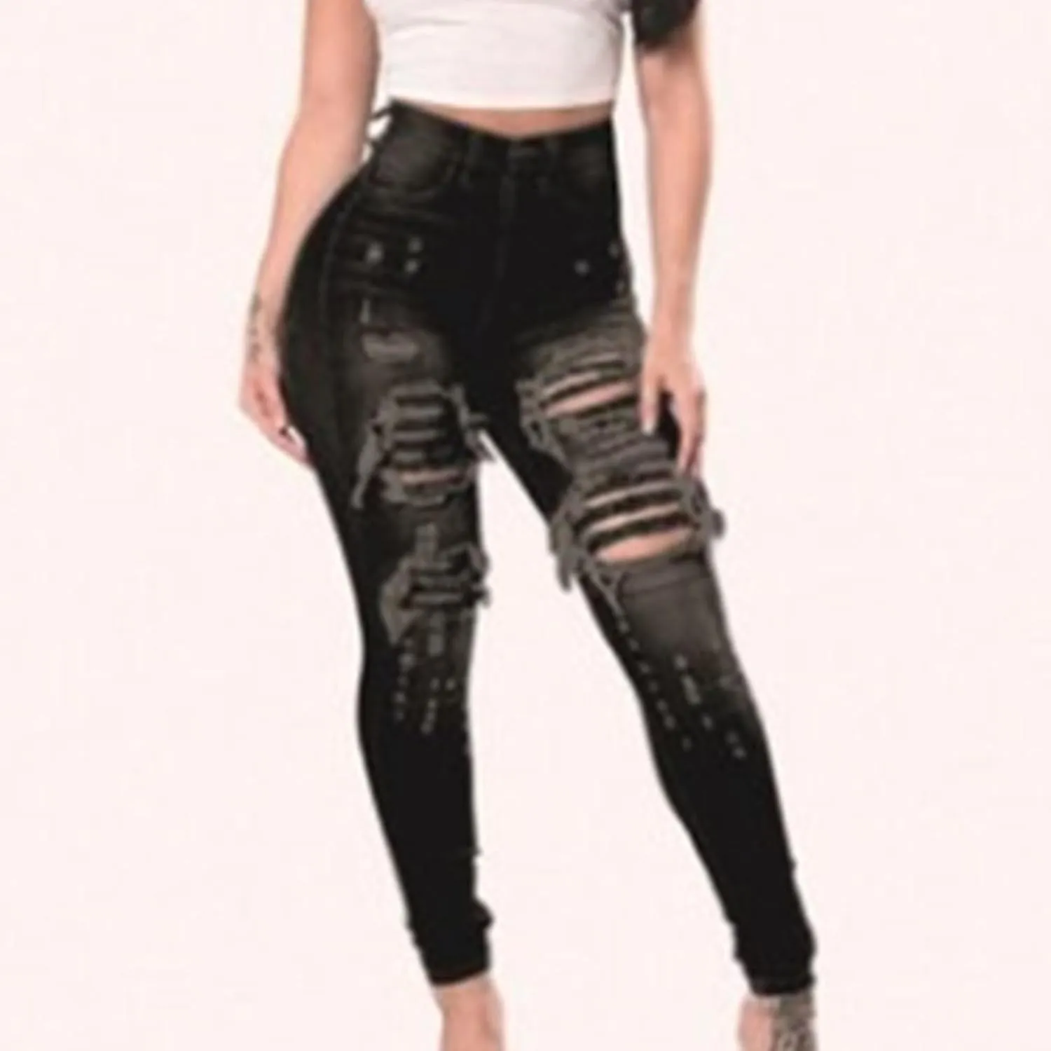 JEKE-DG Women's High Waist Ripped Ankle Jeans Distressed Butt Lifting Denim Stretch Slim Skinny Trousers
