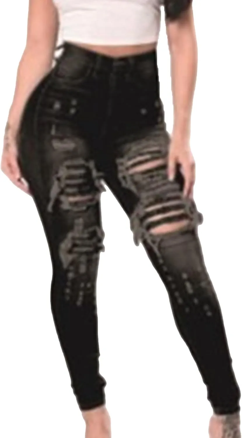 JEKE-DG Women's High Waist Ripped Ankle Jeans Distressed Butt Lifting Denim Stretch Slim Skinny Trousers