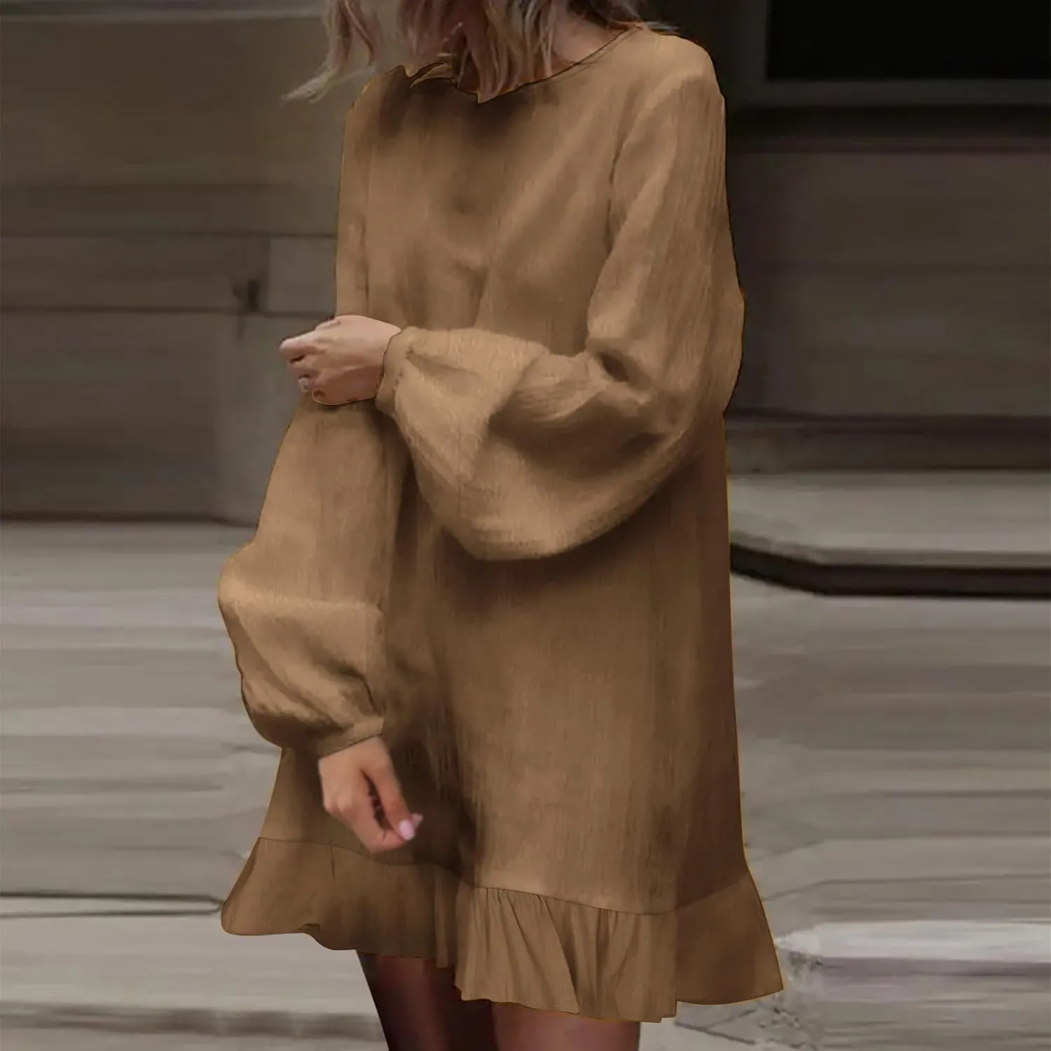 JOAU Women's Cotton Linen Shirt Dress Summer Casual Long Sleeve Ruffle Hem Crewneck Solid Loose Beach Shift Mini Dresses