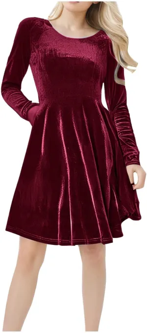 JOAU Women's Fall Winter Velvet Mini Dress 2024 Long Sleeve Crew Neck High Waist Ruffle A Line Flowy Cocktail Party Dresses