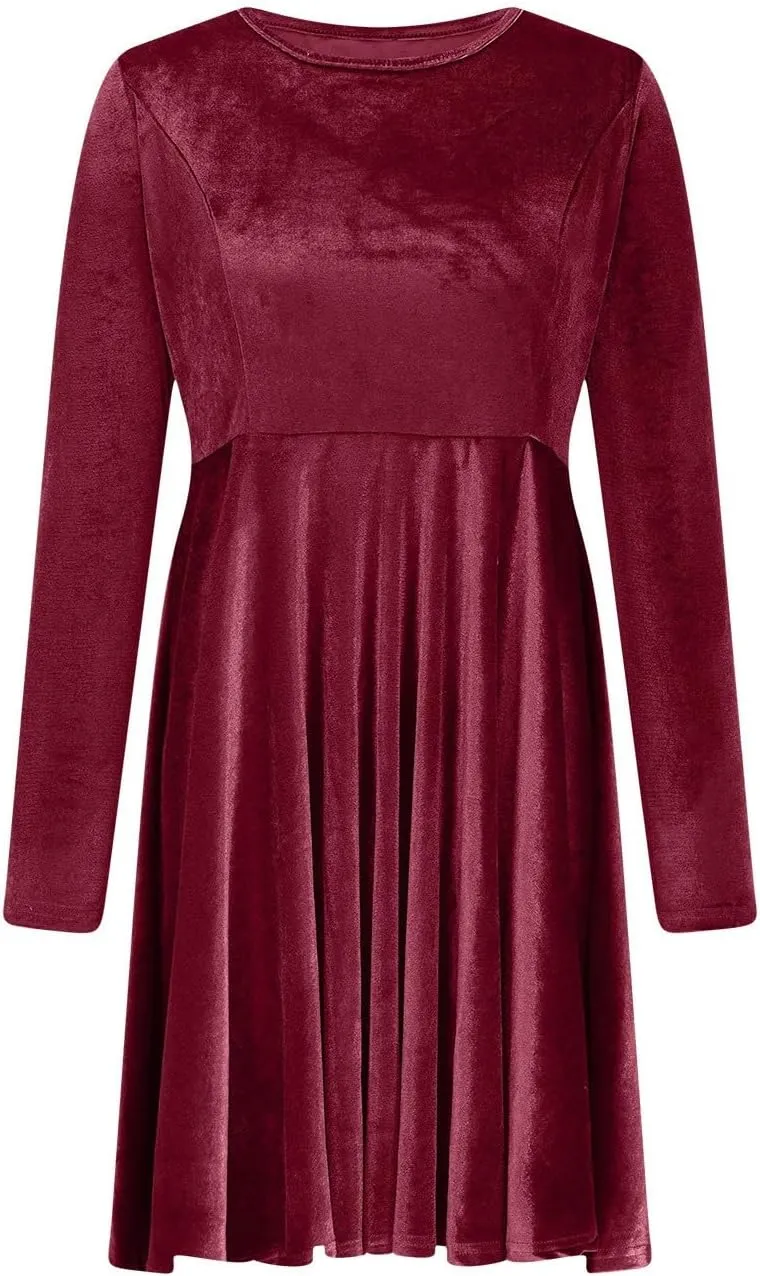 JOAU Women's Fall Winter Velvet Mini Dress 2024 Long Sleeve Crew Neck High Waist Ruffle A Line Flowy Cocktail Party Dresses