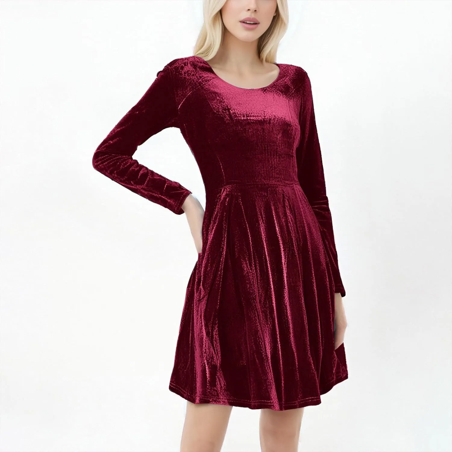 JOAU Women's Fall Winter Velvet Mini Dress 2024 Long Sleeve Crew Neck High Waist Ruffle A Line Flowy Cocktail Party Dresses