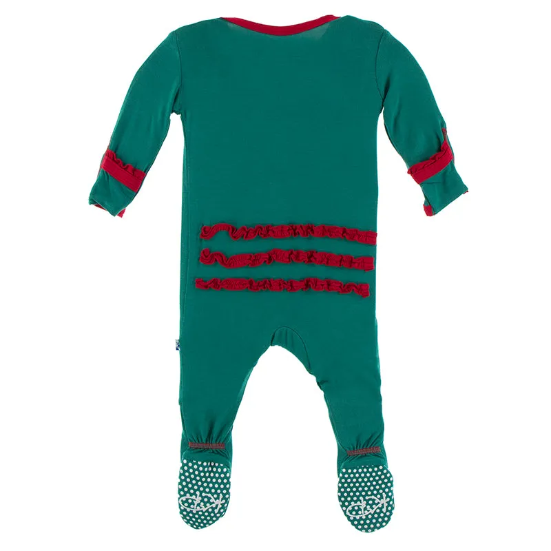 Kickee Pants Solid Muffin Ruffle Footie with Zipper Ivy with Crimson