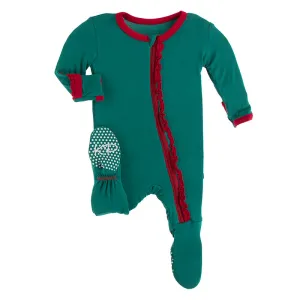 Kickee Pants Solid Muffin Ruffle Footie with Zipper Ivy with Crimson