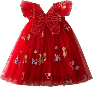 Lace Tulle Bow Print Birthday Dress for Toddler Girls Ruffle Sleeve Square Neck Dance Party Pleated Tutu Skirts