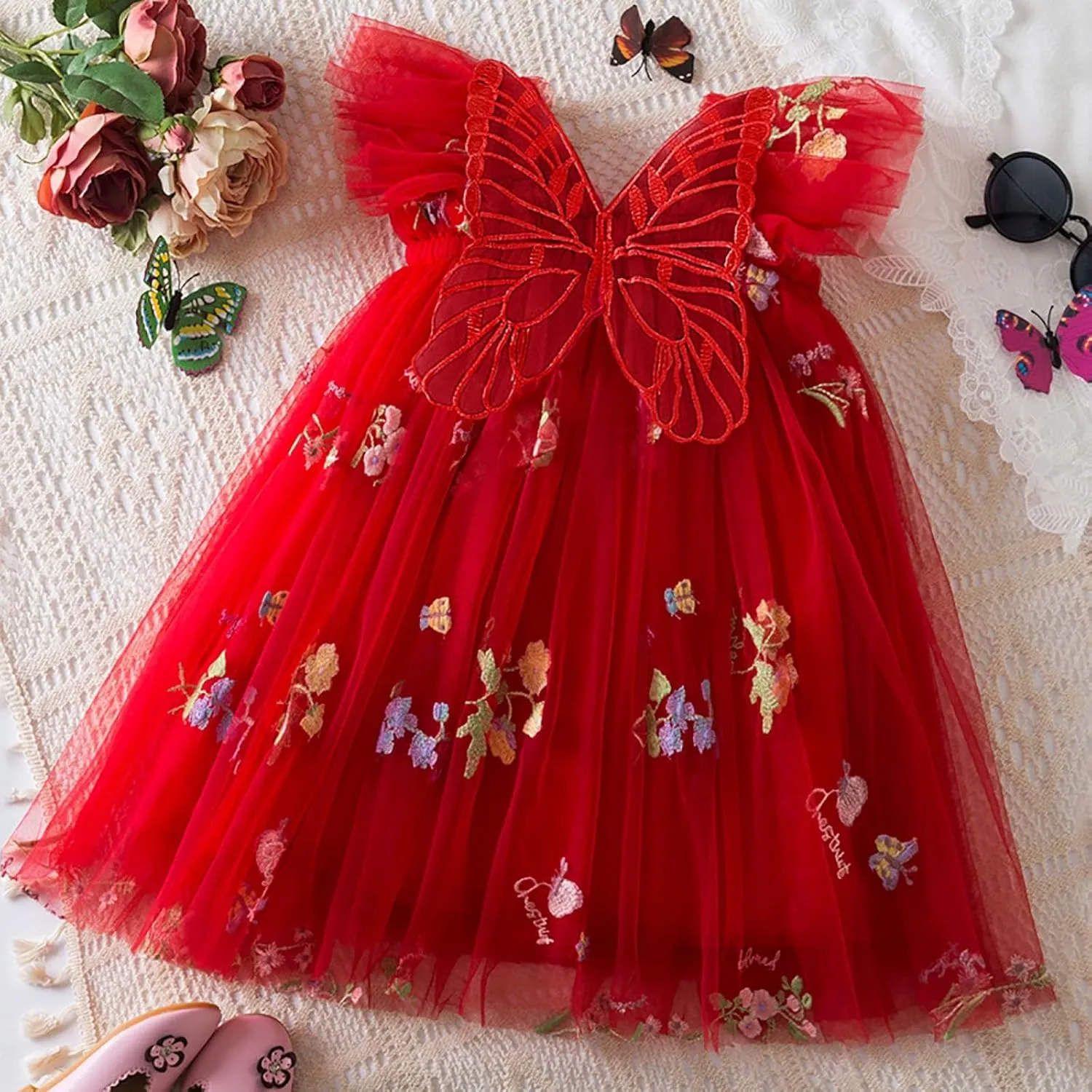 Lace Tulle Bow Print Birthday Dress for Toddler Girls Ruffle Sleeve Square Neck Dance Party Pleated Tutu Skirts