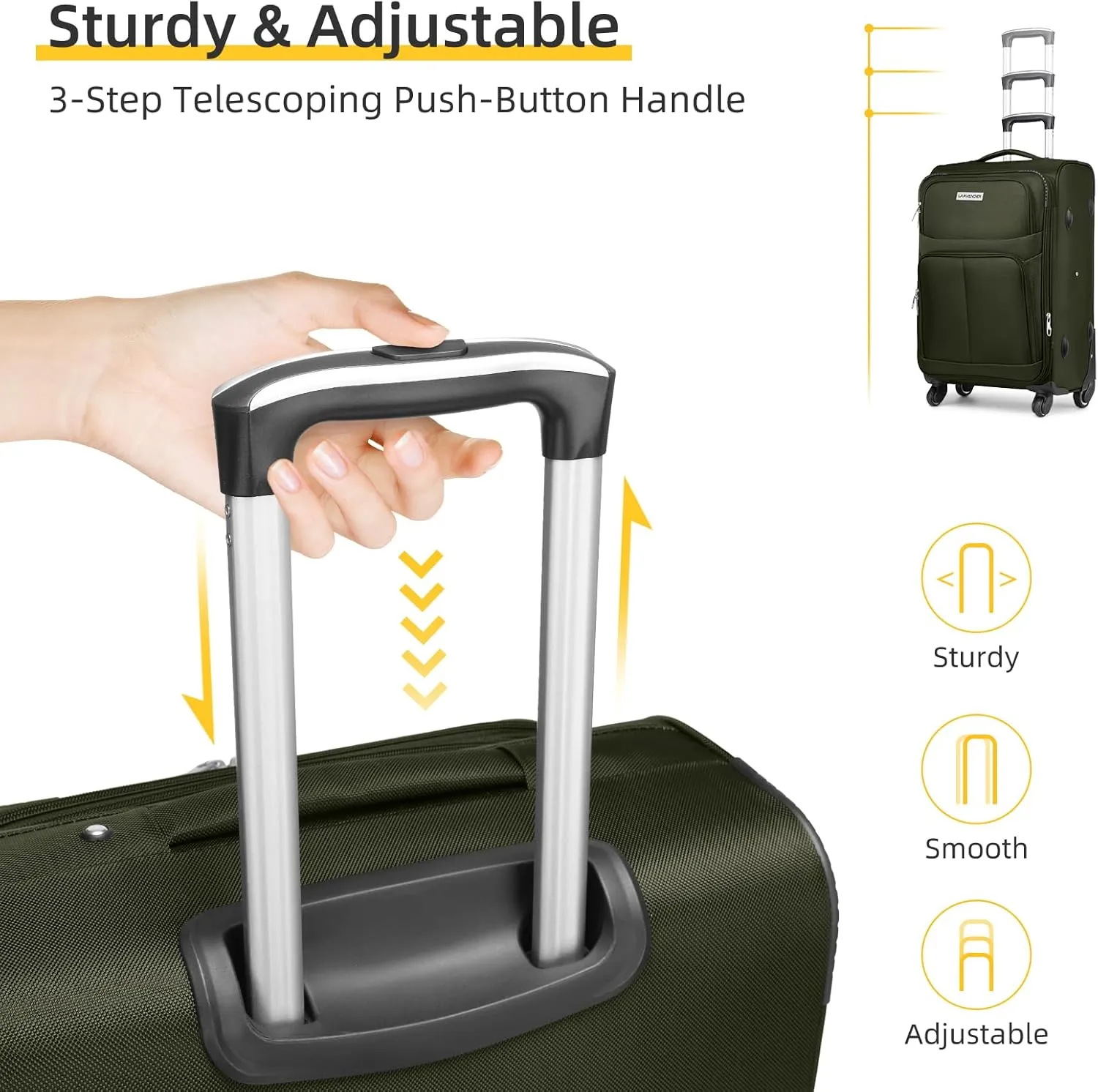LARVENDER Softside Luggage Sets 3 Piece, Expandable Carry on Luggage 22x14x9 Airline Approved with TSA Lock Spinner Wheels, Lightweight Rolling Suitcase for Men and Women, Army Green