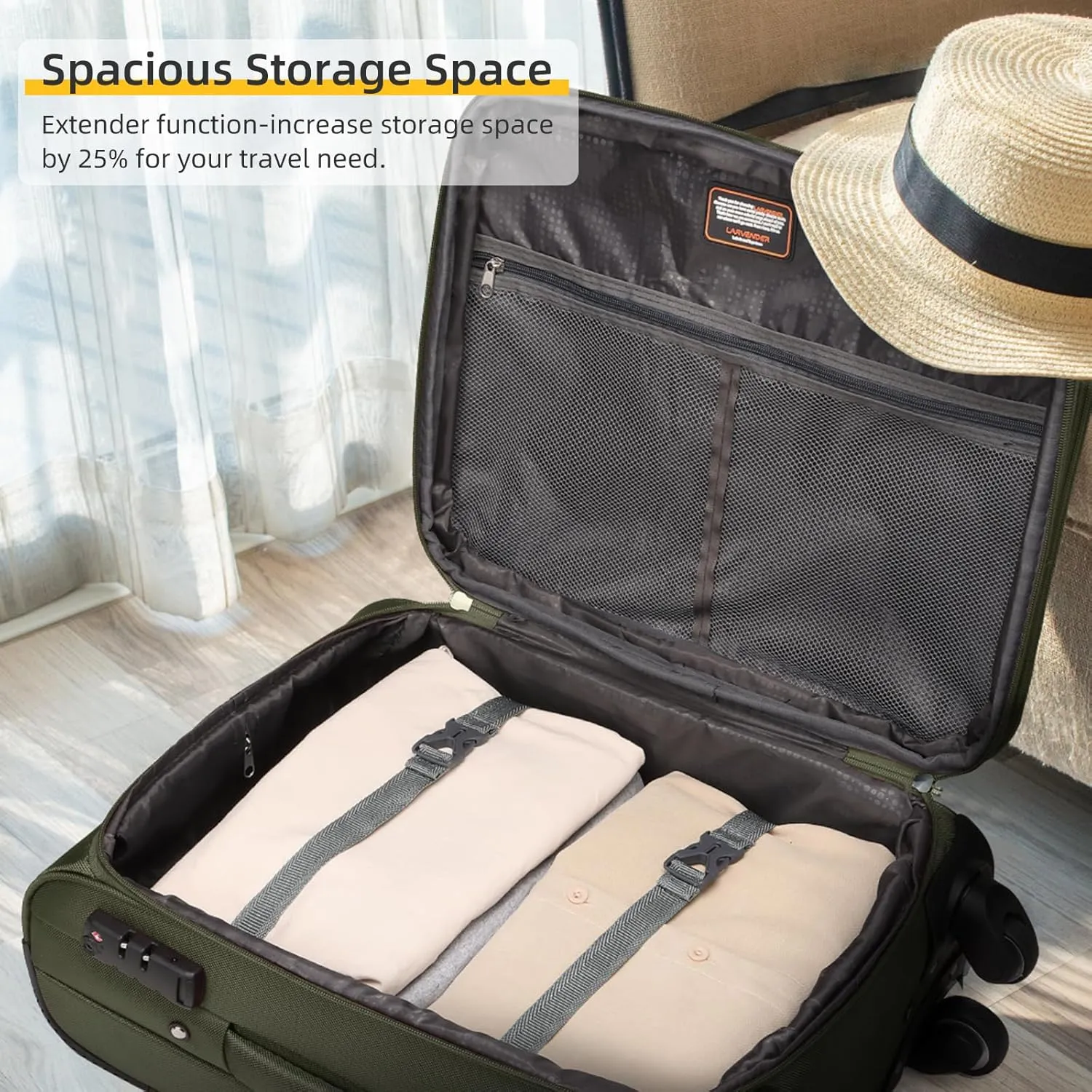 LARVENDER Softside Luggage Sets 3 Piece, Expandable Carry on Luggage 22x14x9 Airline Approved with TSA Lock Spinner Wheels, Lightweight Rolling Suitcase for Men and Women, Army Green