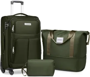 LARVENDER Softside Luggage Sets 3 Piece, Expandable Carry on Luggage 22x14x9 Airline Approved with TSA Lock Spinner Wheels, Lightweight Rolling Suitcase for Men and Women, Army Green