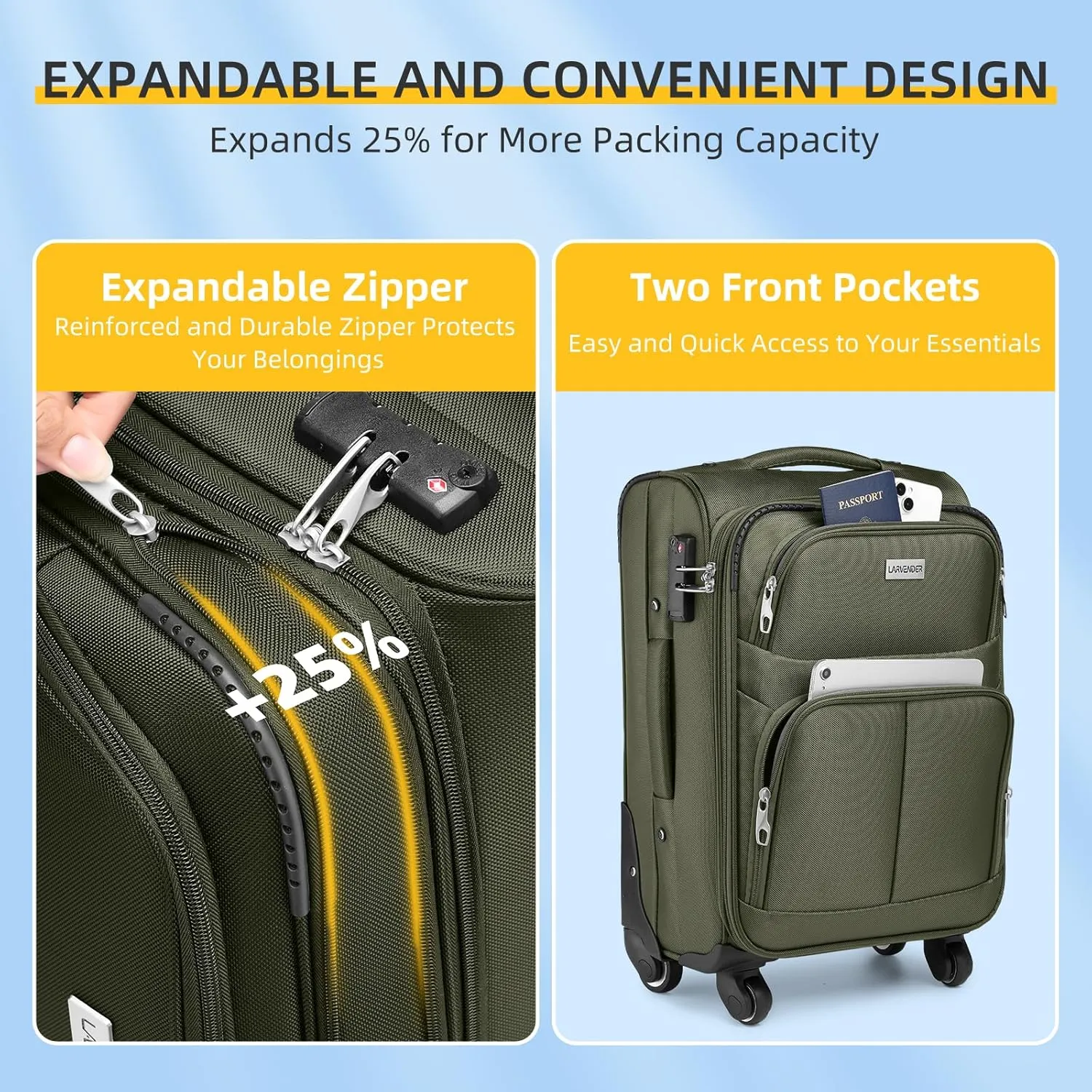 LARVENDER Softside Luggage Sets 3 Piece, Expandable Carry on Luggage 22x14x9 Airline Approved with TSA Lock Spinner Wheels, Lightweight Rolling Suitcase for Men and Women, Army Green