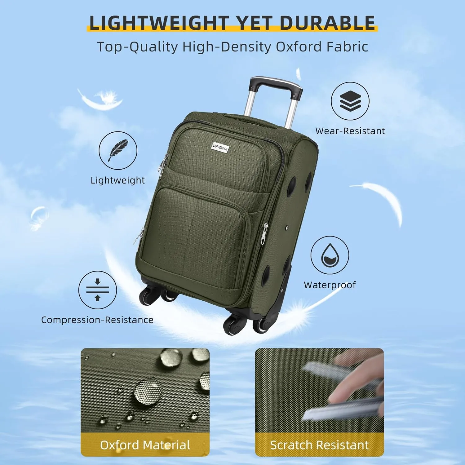 LARVENDER Softside Luggage Sets 3 Piece, Expandable Carry on Luggage 22x14x9 Airline Approved with TSA Lock Spinner Wheels, Lightweight Rolling Suitcase for Men and Women, Army Green