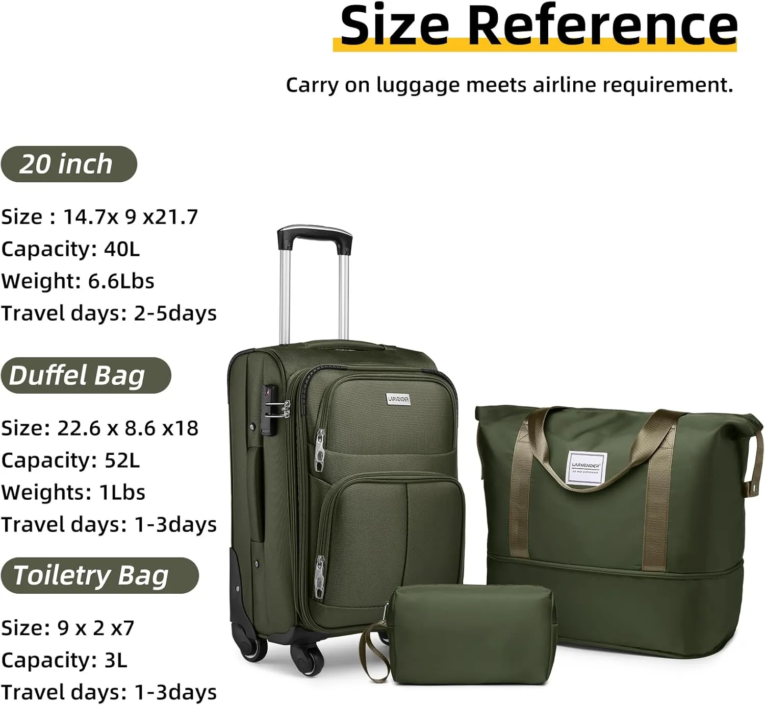 LARVENDER Softside Luggage Sets 3 Piece, Expandable Carry on Luggage 22x14x9 Airline Approved with TSA Lock Spinner Wheels, Lightweight Rolling Suitcase for Men and Women, Army Green