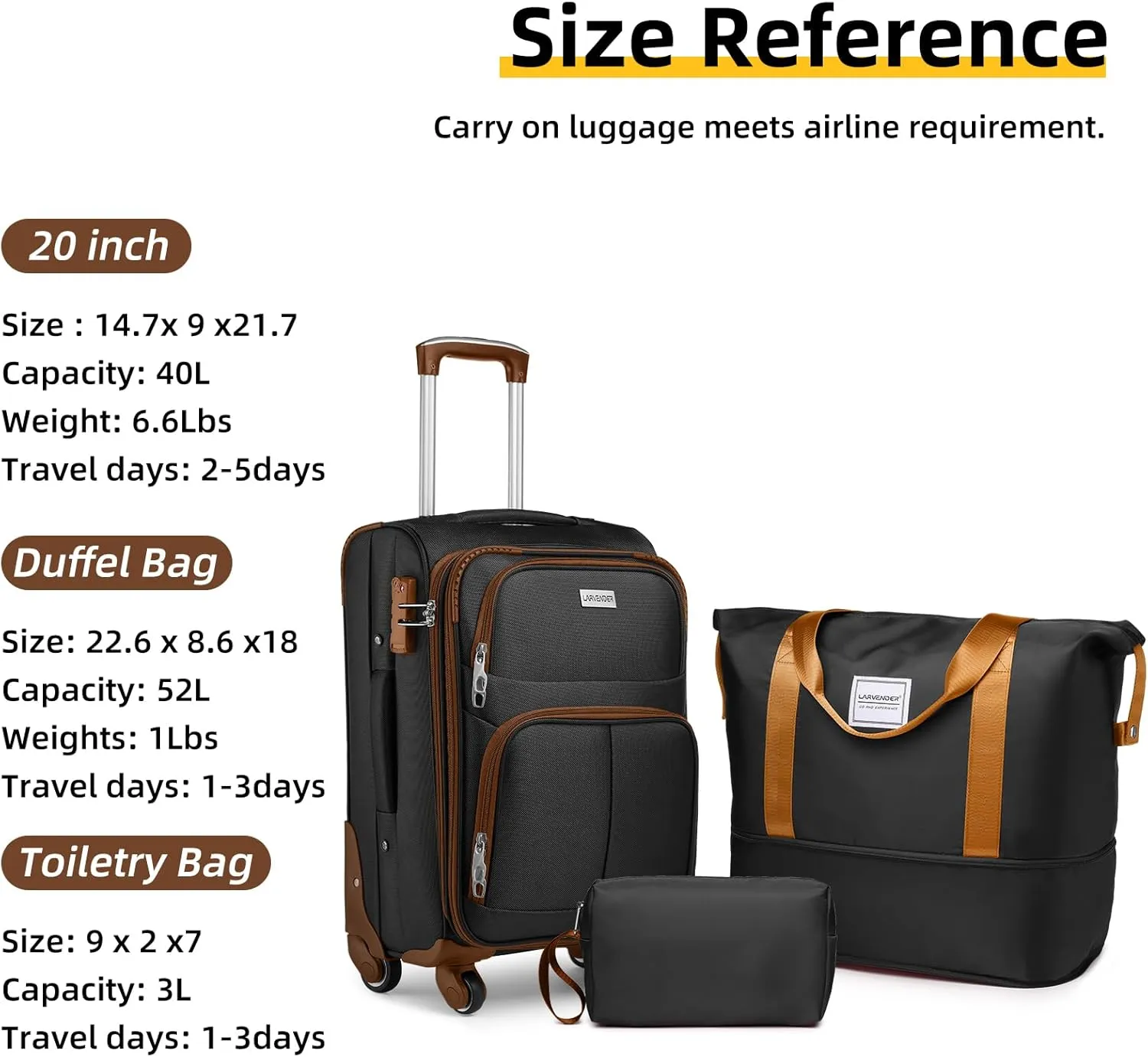 LARVENDER Softside Luggage Sets 3 Piece, Expandable Carry on Luggage 22x14x9 Airline Approved with TSA Lock Spinner Wheels, Lightweight Rolling Suitcase for Men and Women, Black