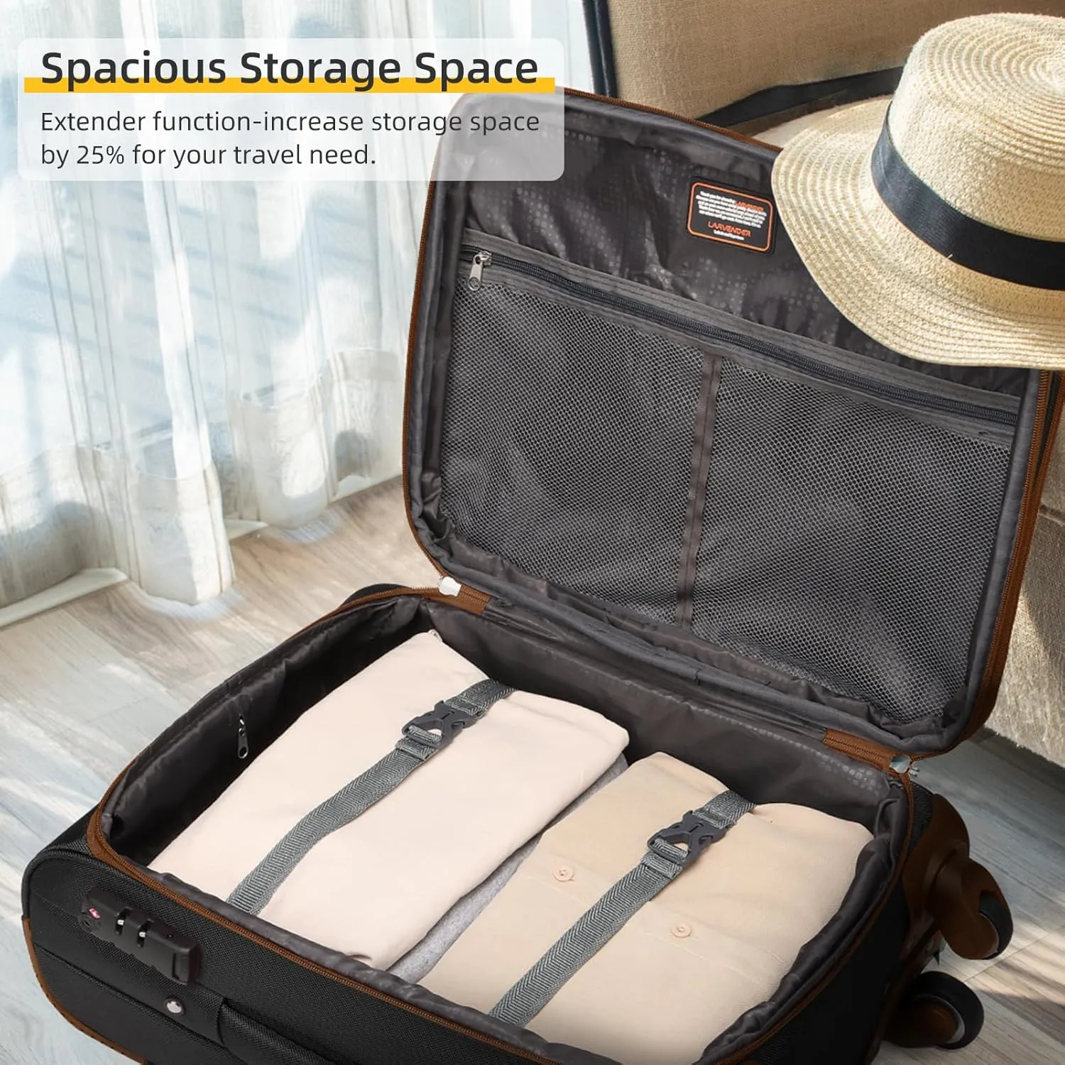 LARVENDER Softside Luggage Sets 3 Piece, Expandable Carry on Luggage 22x14x9 Airline Approved with TSA Lock Spinner Wheels, Lightweight Rolling Suitcase for Men and Women, Black