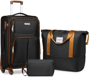 LARVENDER Softside Luggage Sets 3 Piece, Expandable Carry on Luggage 22x14x9 Airline Approved with TSA Lock Spinner Wheels, Lightweight Rolling Suitcase for Men and Women, Black