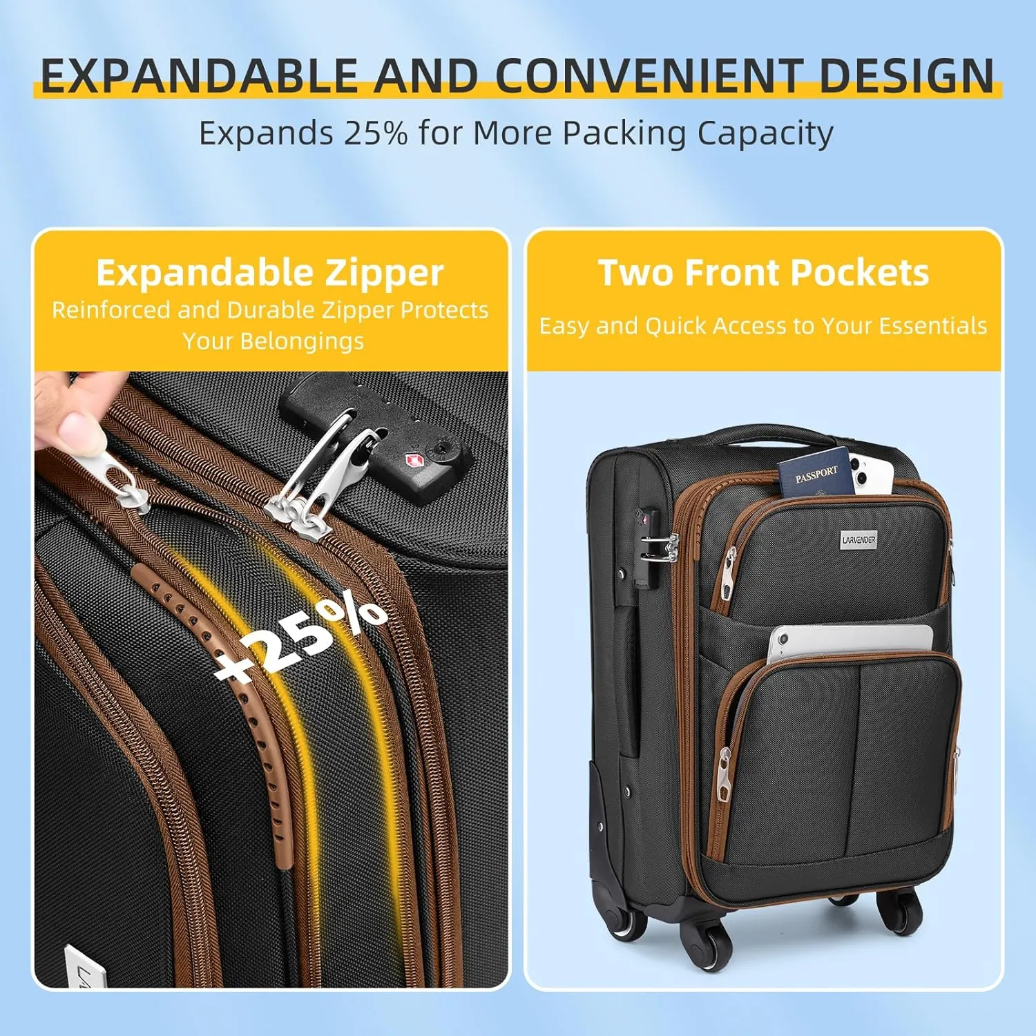 LARVENDER Softside Luggage Sets 3 Piece, Expandable Carry on Luggage 22x14x9 Airline Approved with TSA Lock Spinner Wheels, Lightweight Rolling Suitcase for Men and Women, Black