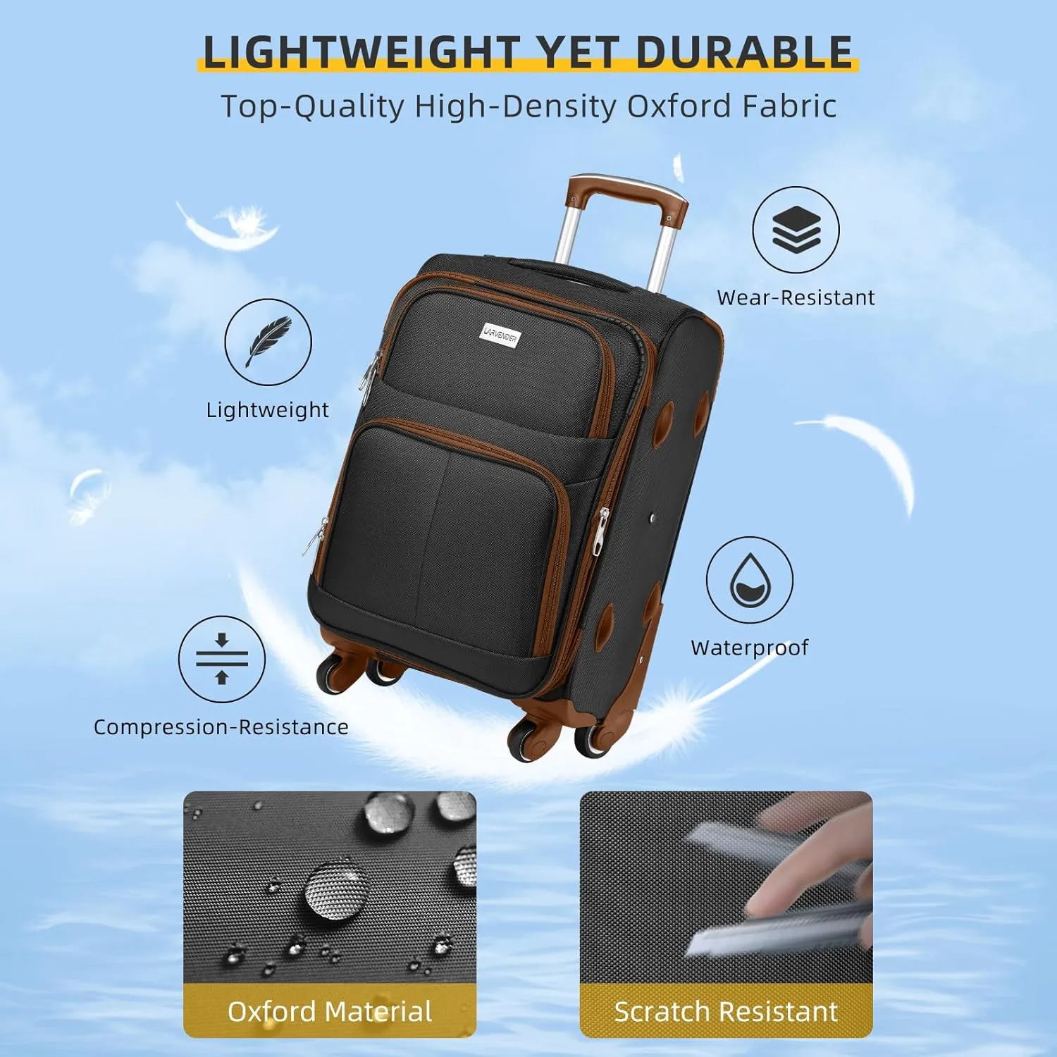 LARVENDER Softside Luggage Sets 3 Piece, Expandable Carry on Luggage 22x14x9 Airline Approved with TSA Lock Spinner Wheels, Lightweight Rolling Suitcase for Men and Women, Black
