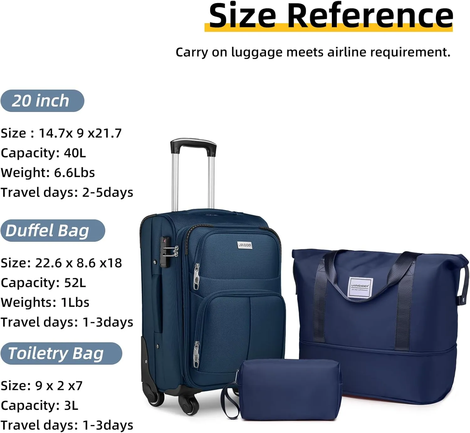 LARVENDER Softside Luggage Sets 3 Piece, Expandable Carry on Luggage 22x14x9 Airline Approved with TSA Lock Spinner Wheels, Lightweight Rolling Suitcase for Men and Women, Blue