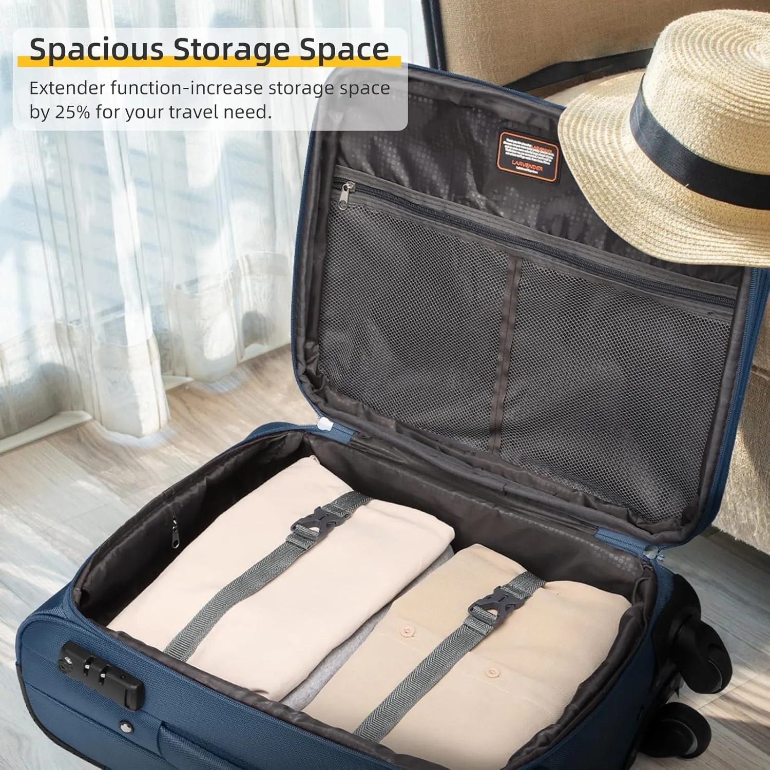 LARVENDER Softside Luggage Sets 3 Piece, Expandable Carry on Luggage 22x14x9 Airline Approved with TSA Lock Spinner Wheels, Lightweight Rolling Suitcase for Men and Women, Blue