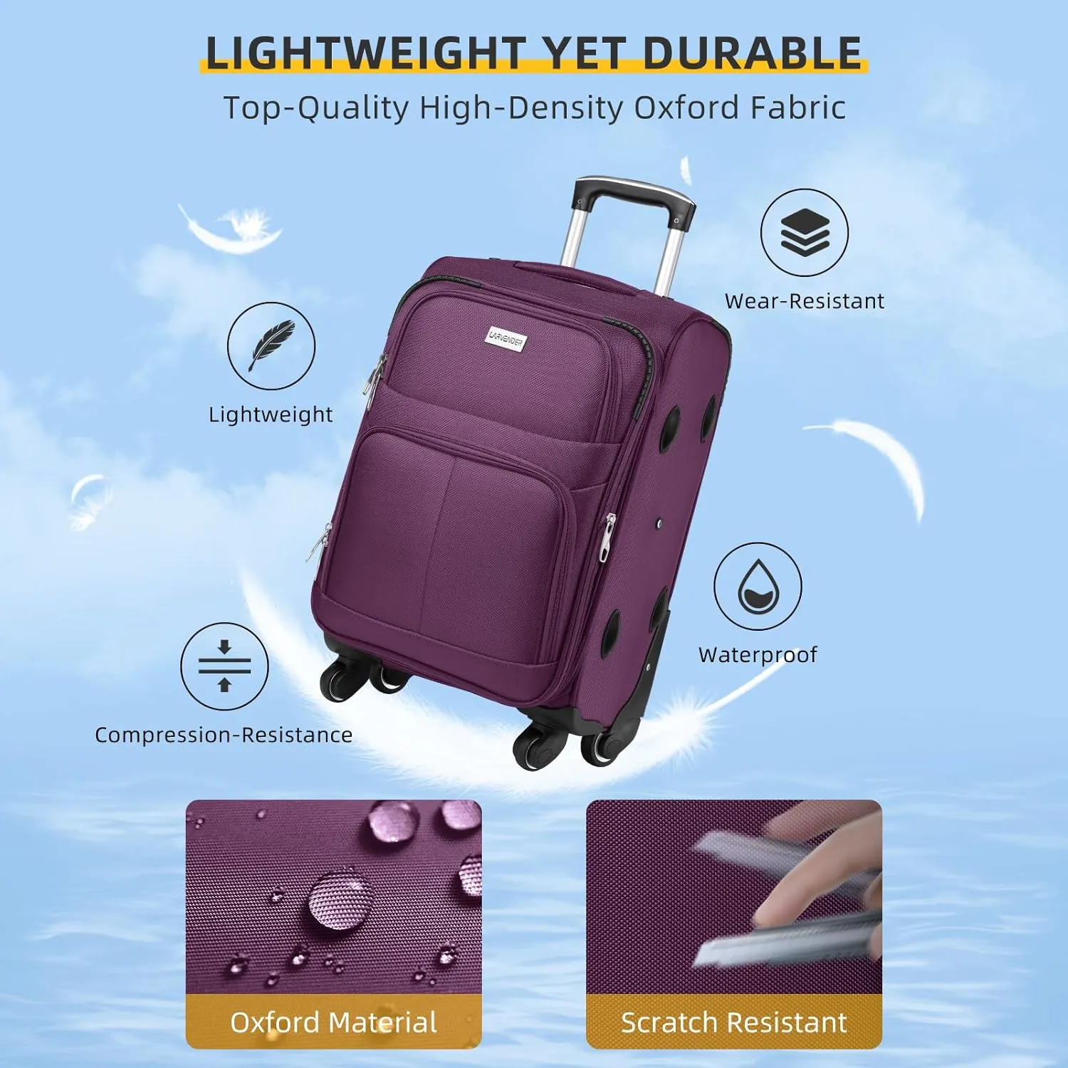 LARVENDER Softside Luggage Sets 3 Piece, Expandable Carry on Luggage 22x14x9 Airline Approved with TSA Lock Spinner Wheels, Lightweight Rolling Suitcase for Men and Women, Purple