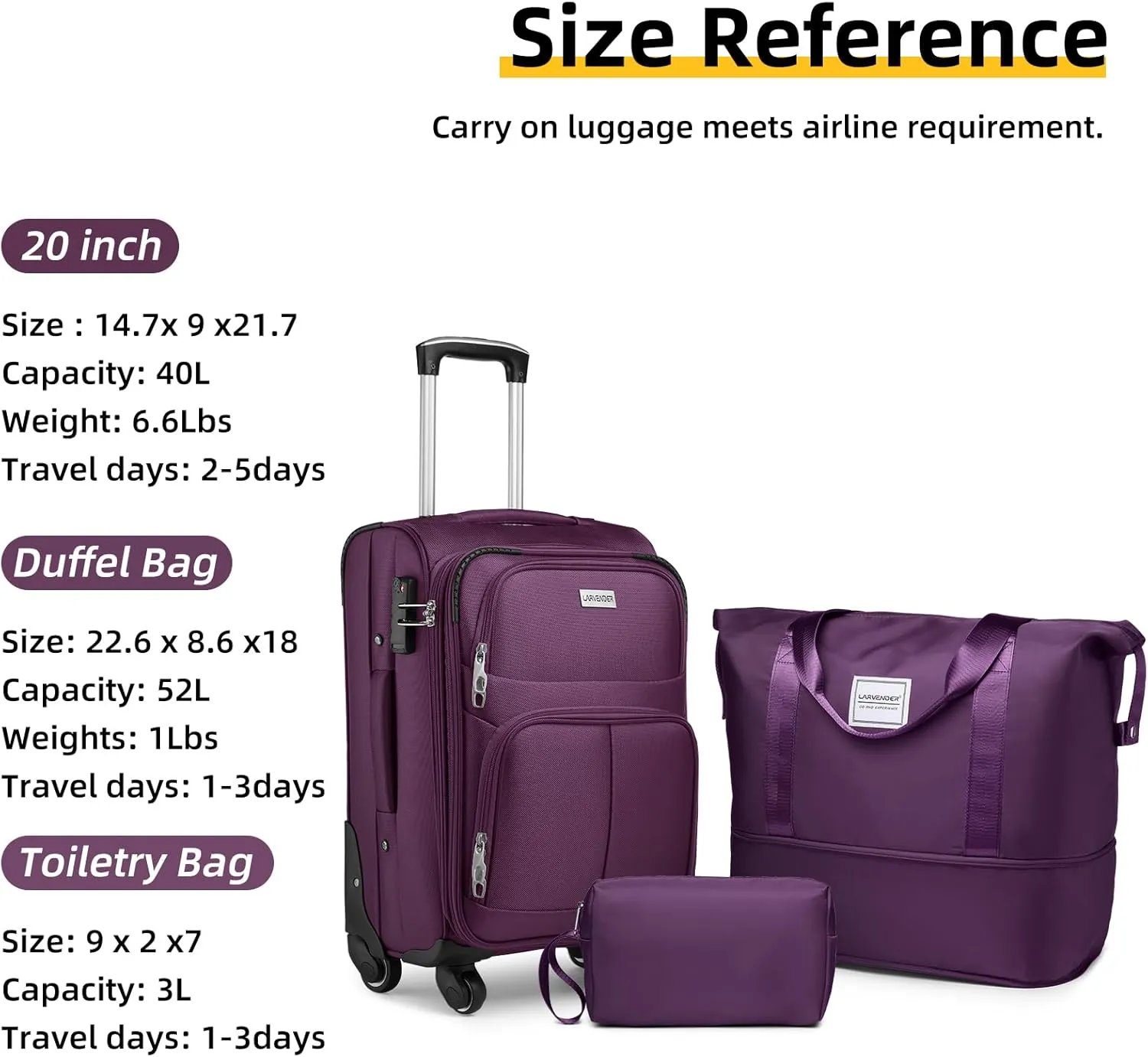 LARVENDER Softside Luggage Sets 3 Piece, Expandable Carry on Luggage 22x14x9 Airline Approved with TSA Lock Spinner Wheels, Lightweight Rolling Suitcase for Men and Women, Purple