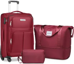 LARVENDER Softside Luggage Sets 3 Piece, Expandable Carry on Luggage 22x14x9 Airline Approved with TSA Lock Spinner Wheels, Lightweight Rolling Suitcase for Men and Women, Wine Red