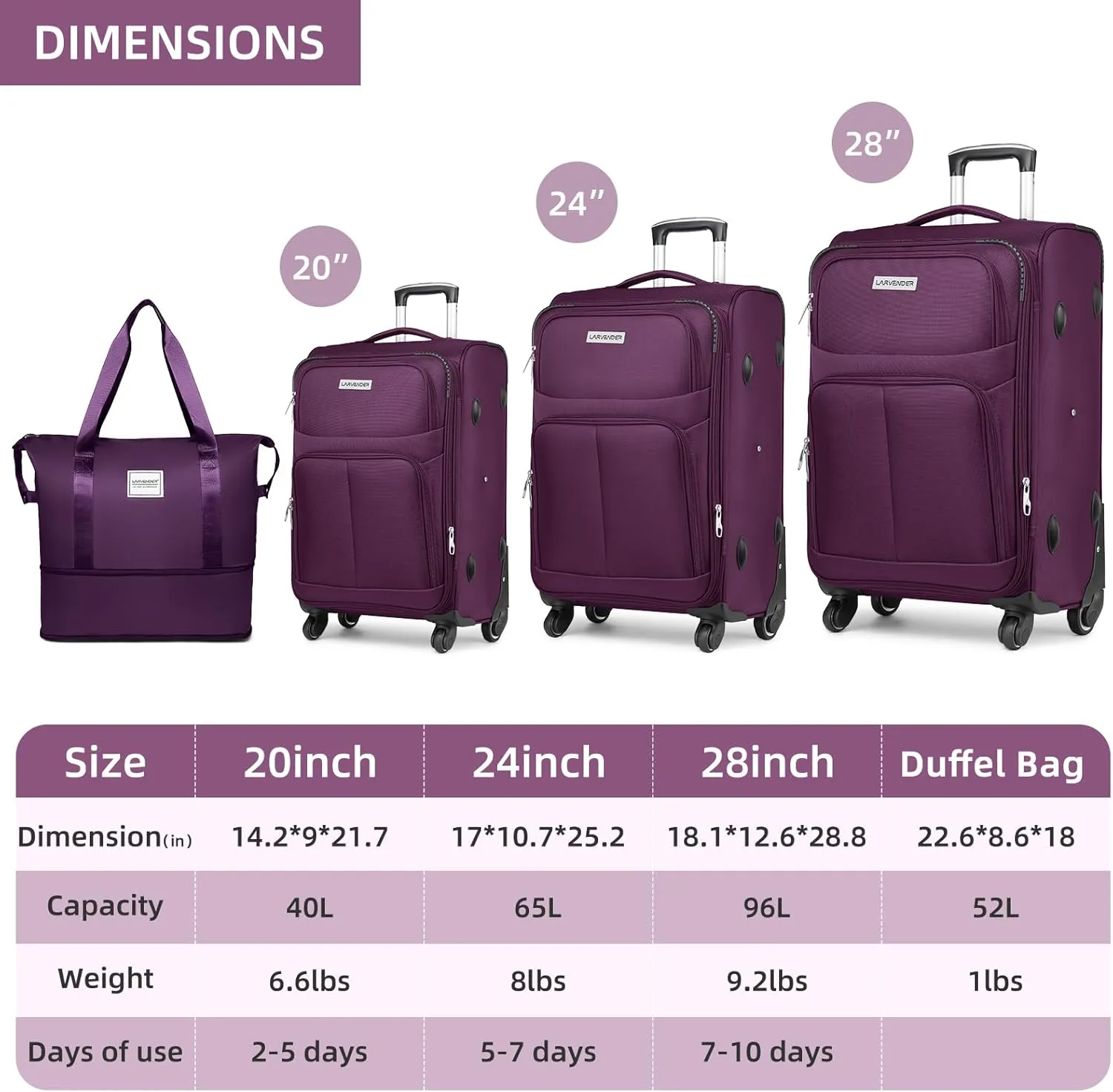 LARVENDER Softside Luggage Sets 5 Piece Expandable Suitcases Set with Spinner Wheels TSA Lock, Lightweight Soft Shell Rolling Travel Luggage Set for Men and Women, Purple