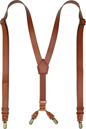 Leather Suspenders for Men Y Back Design Adjustable Suspender with 4 Metal Clips Groomsmen Gift Wedding Brown