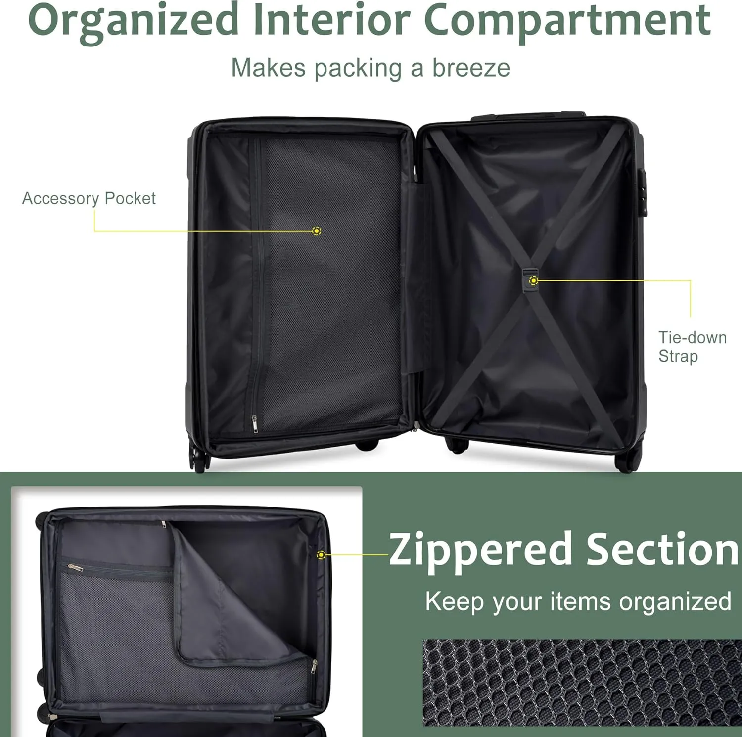 Lightweight Aurable Suitcase with Hard Shell,2 Wheels(Single Suitcase,27.5"18.5"11.6"). (Green)