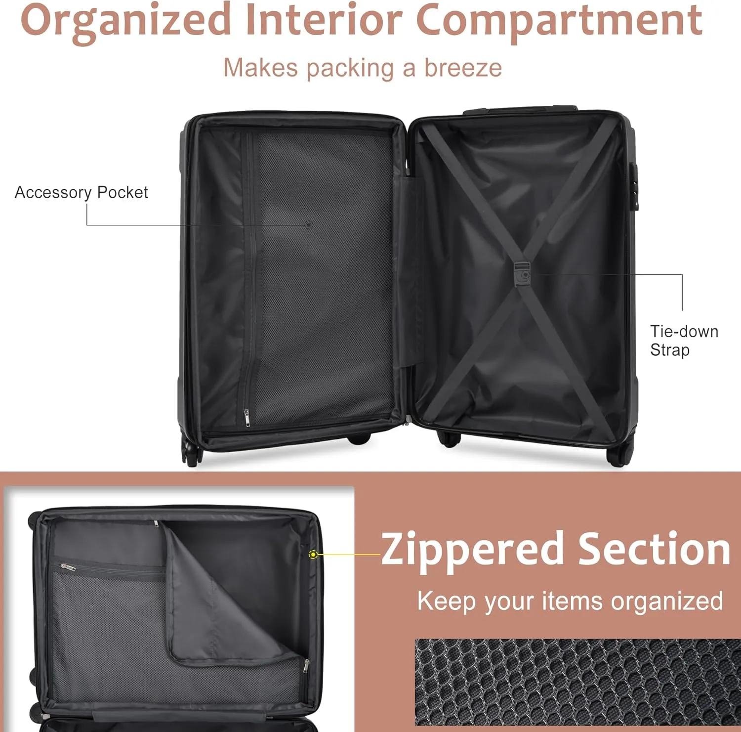 Lightweight Aurable Suitcase with Hard Shell,2 Wheels(Single Suitcase,27.5"18.5"11.6"). (White Brown)