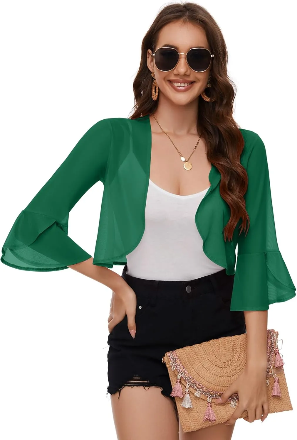 LOMON 3/4 Sleeve Cropped Cardigan for Women Lightweight Open Front Bolero Shrug for Dresses