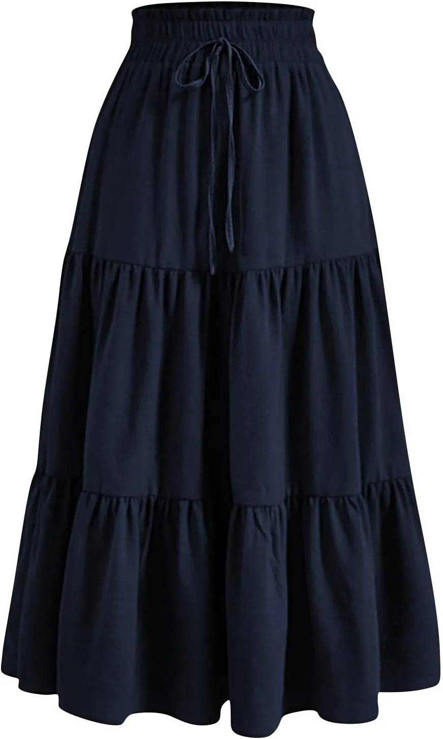 Long Skirts for Women Trendy Flowy Floral Midi Skirt Summer Elastic High Waisted Ruffle Tiered Renaissance Skirt