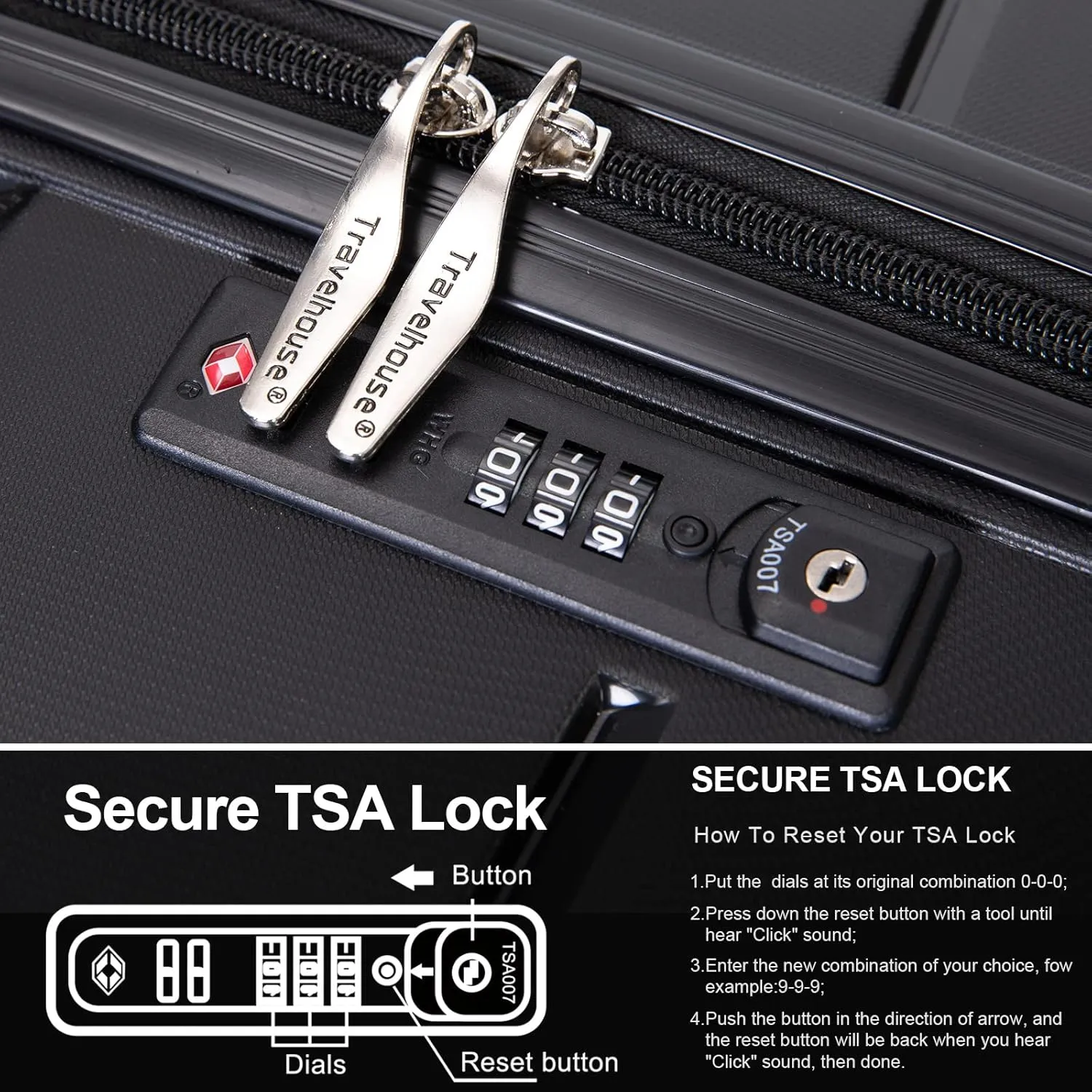 Luggage 3 Piece Expandable Suitcase with TSA Lock ABS, Durable Luggage Set, Lightweight Suitcase with 2 Hooks, Spinner Wheels - side 20in24in28in (Black)