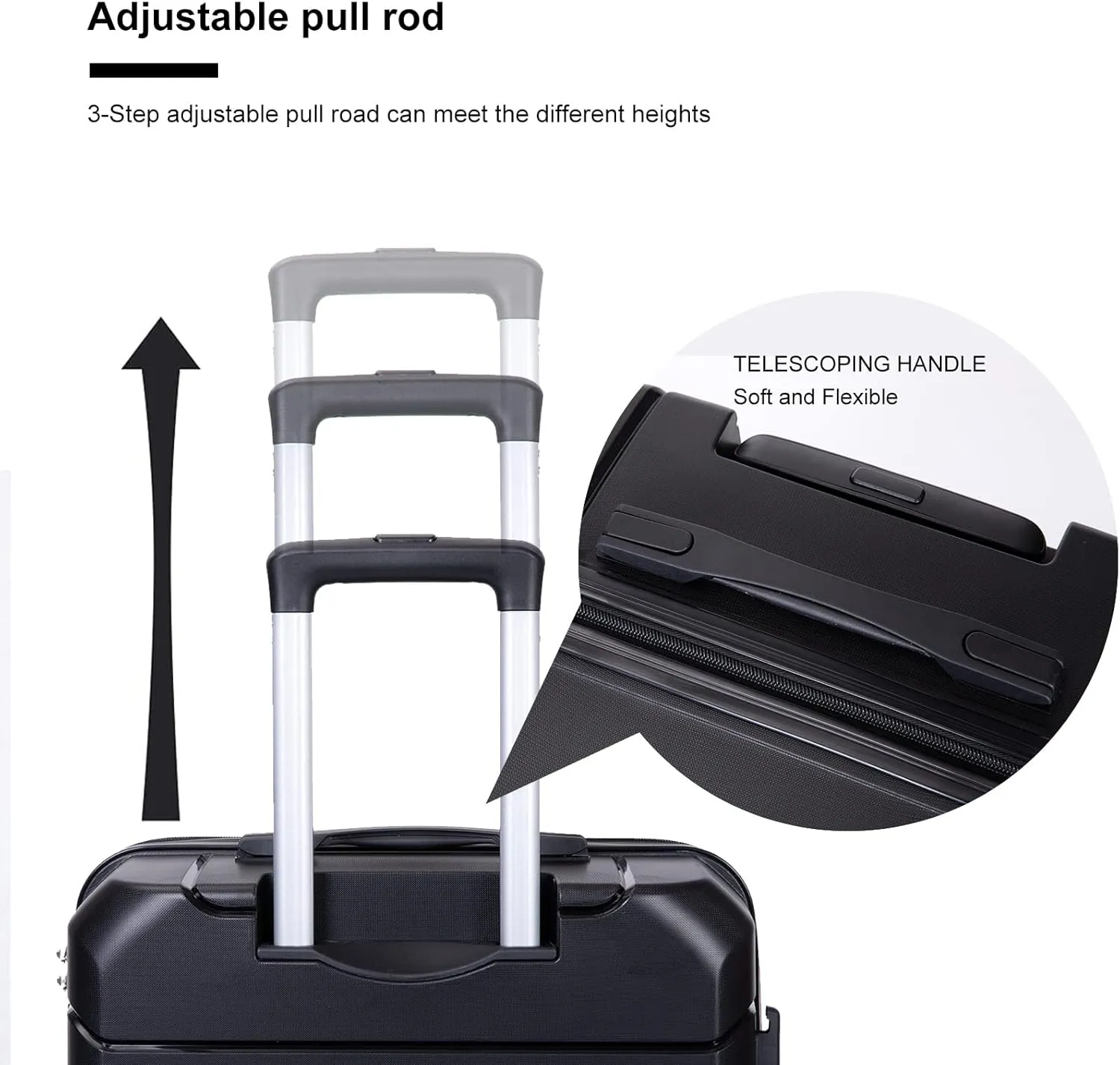 Luggage 3 Piece Expandable Suitcase with TSA Lock ABS, Durable Luggage Set, Lightweight Suitcase with 2 Hooks, Spinner Wheels - side 20in24in28in (Black)